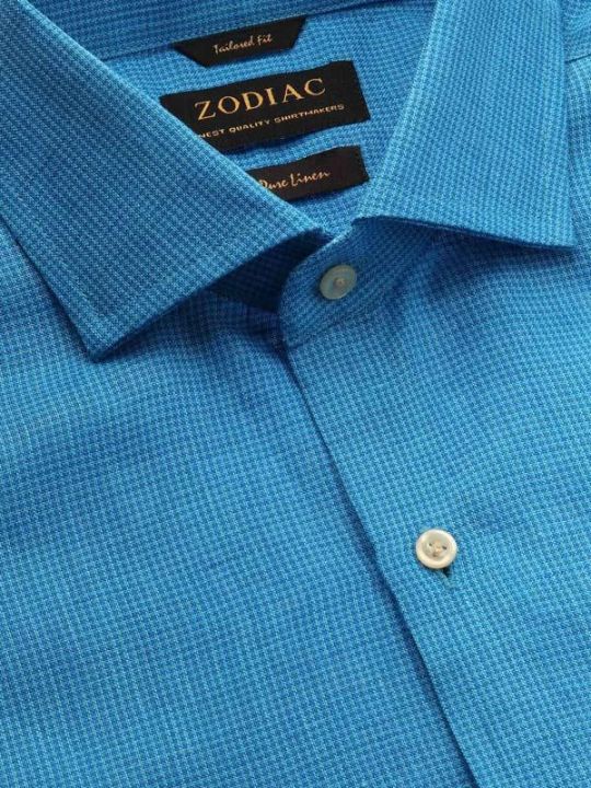 Buy Positano Turquoise Linen Tailored Fit Casual Checks Shirt | Zodiac