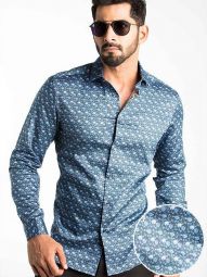 Maceo Printed Blue Slim Fit Cotton Stretch Shirt